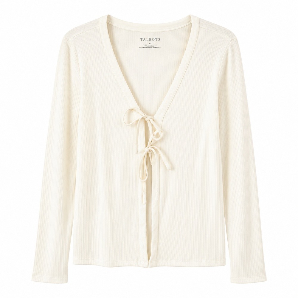 Talbots Cream Ribbed Tie-Front Cardigan